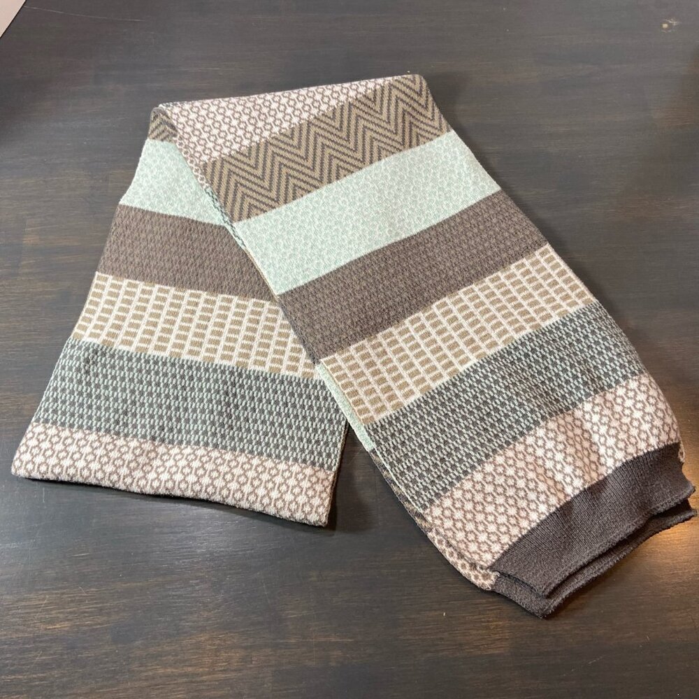 Geometric Striped Knit Winter Scarf – Taupe Mint Cream – Cozy Soft 66”